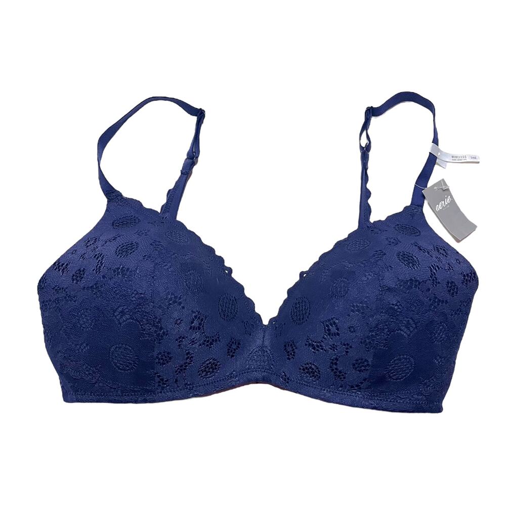 aerie lace floral navy blue wireless bra Size 34D